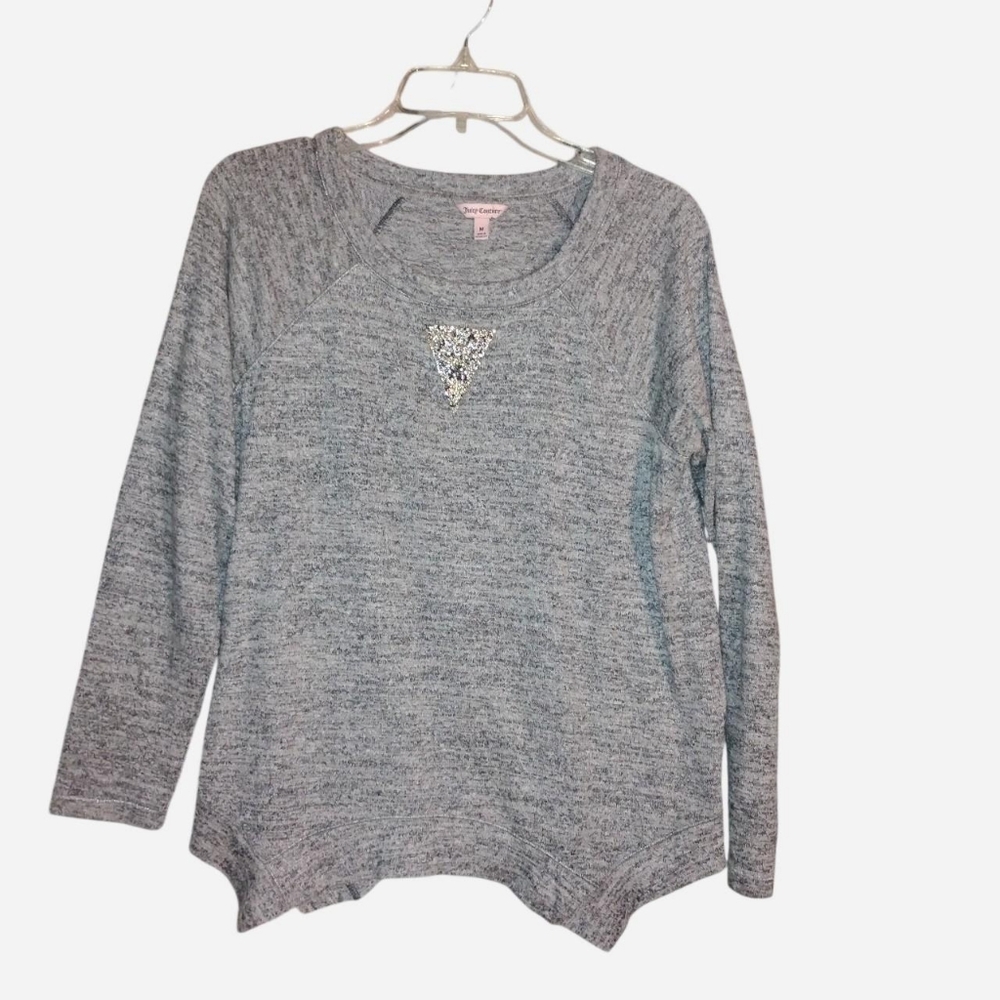 Juicy Couture Heather Grey Raglan Pullover - Beaded Triangle Detail - Size M